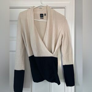 Saks Fifth Avenue Cashmere Cream and Black V-Neck Sweater